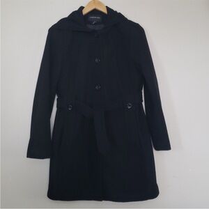 LONDON FOG Black Wool Blend Trench Coat with Hood Size M